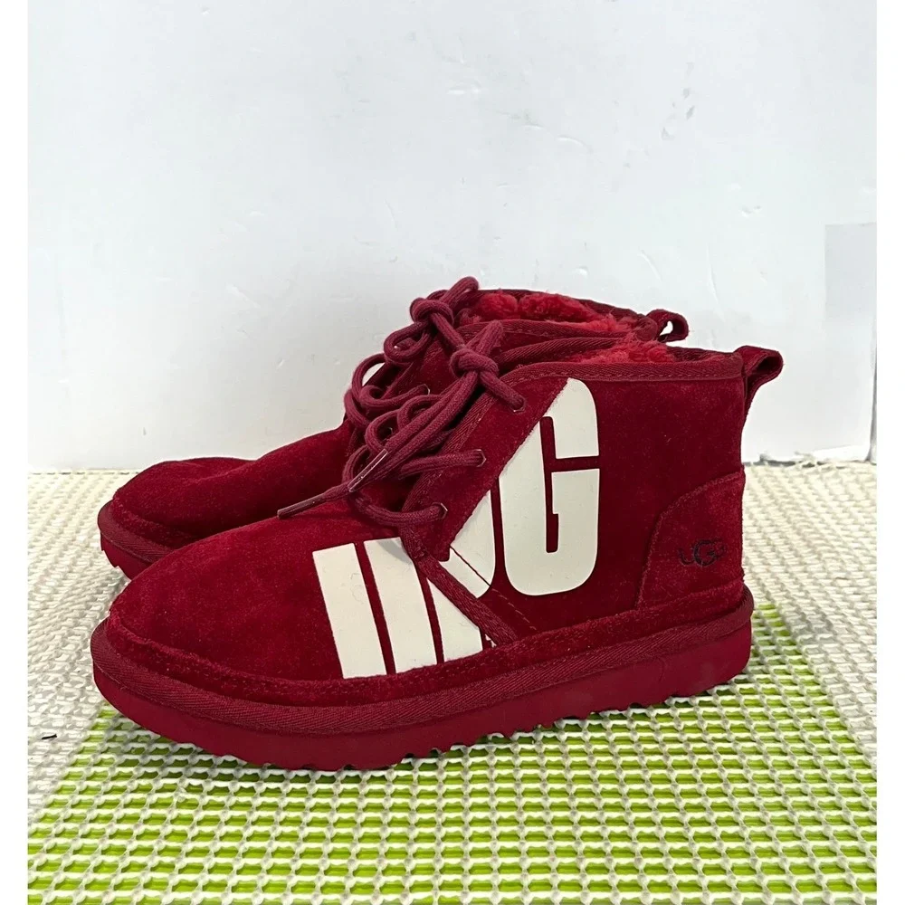 UGG Neumel‎ Graphic Samba Lace Up Boots Kids Size 4 Red Suede 1129054K EUC